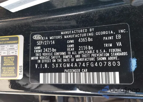 2015 Kia Optima Lx z USA, uszkodzony, nr VIN 5XXGM4A74FG407803
